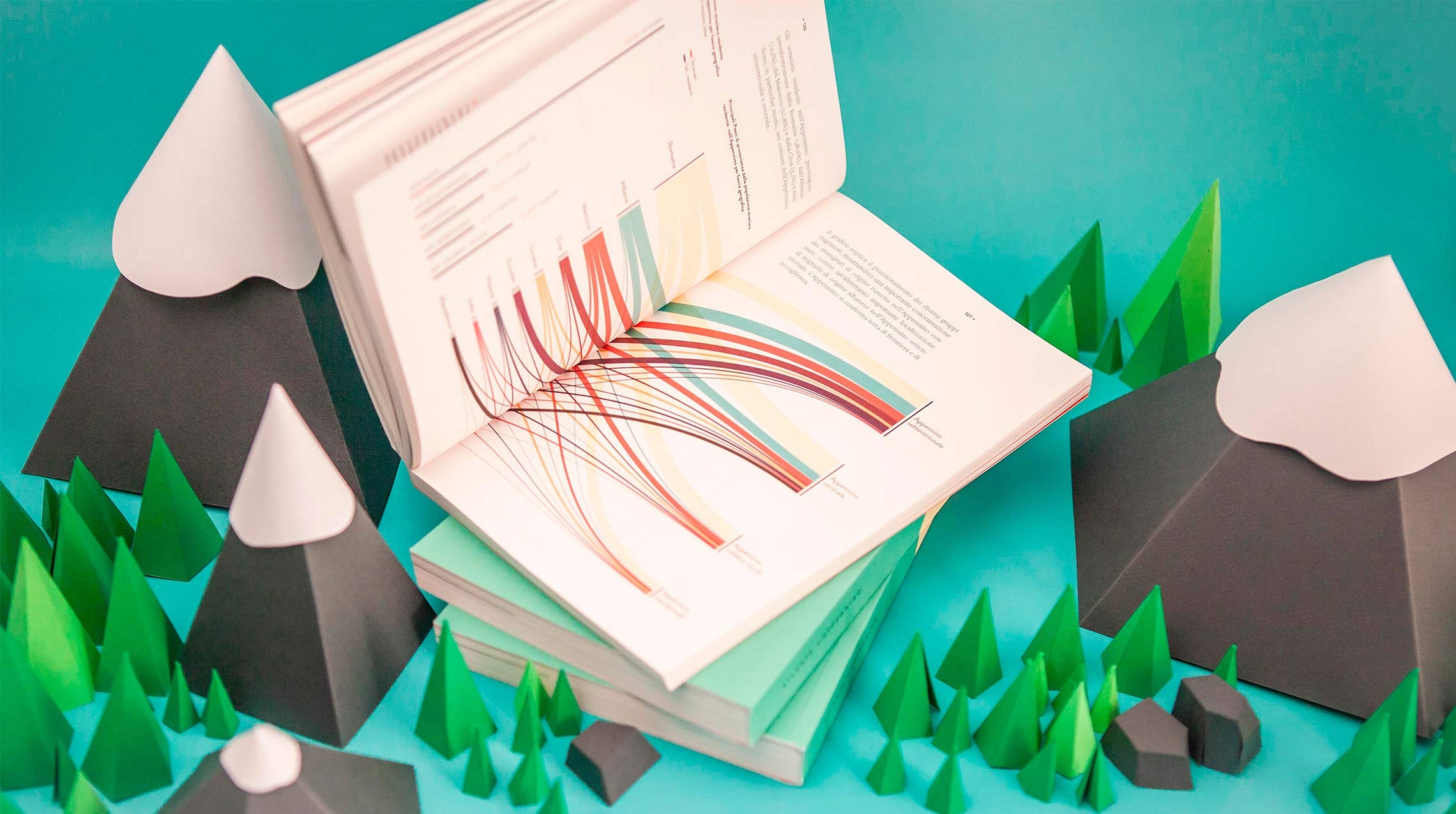 Atlante dell'Appennino book double page with infographics