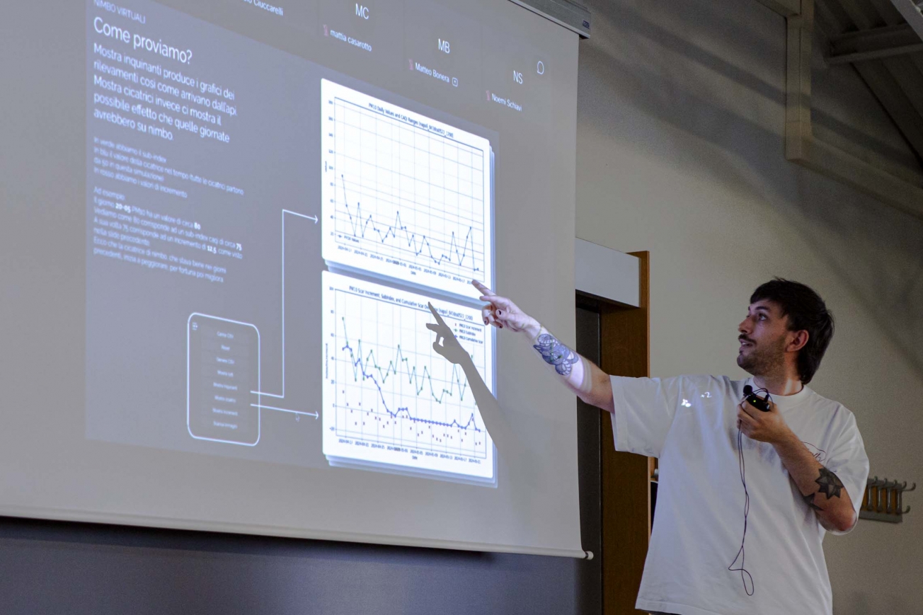 Mattia Casarotto during the presentation of nimbo's project at Politecnico di Milano Mattia Casarotto during the presentation of nimbo's project at Politecnico di Milano