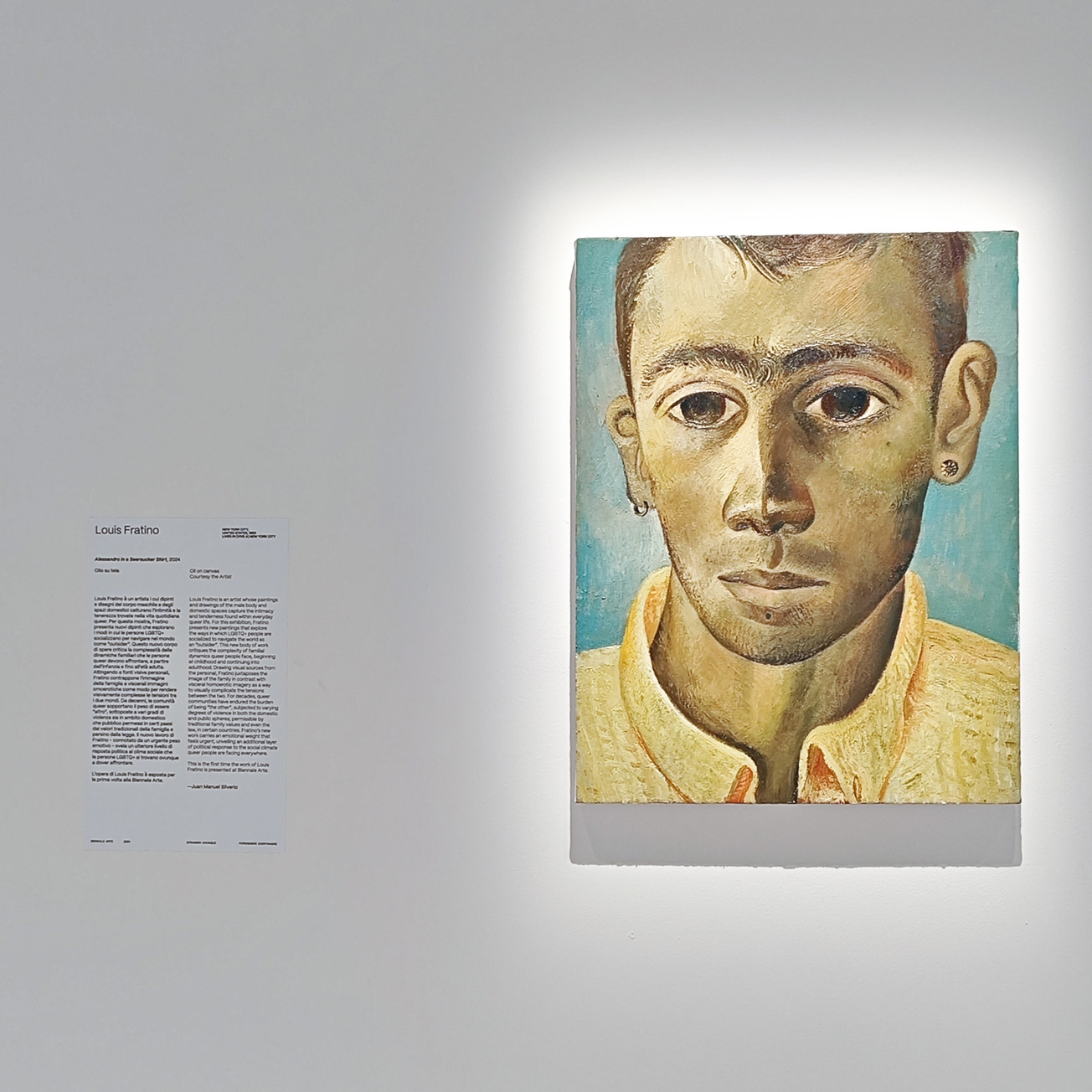 Painting by Louis Fratino depicting a man. The title of the painting is Alessandro in a seersucker shirt, 2023. Painting by Louis Fratino depicting a man. The title of the painting is Alessandro in a seersucker shirt, 2023.